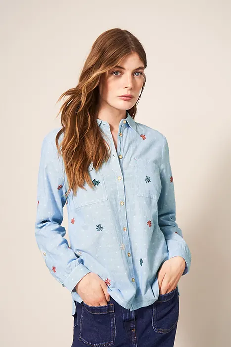 White Stuff Sophie Embroidered Shirt Blue Maat: 24 | Overhemden Outlet | Dames | Blauw