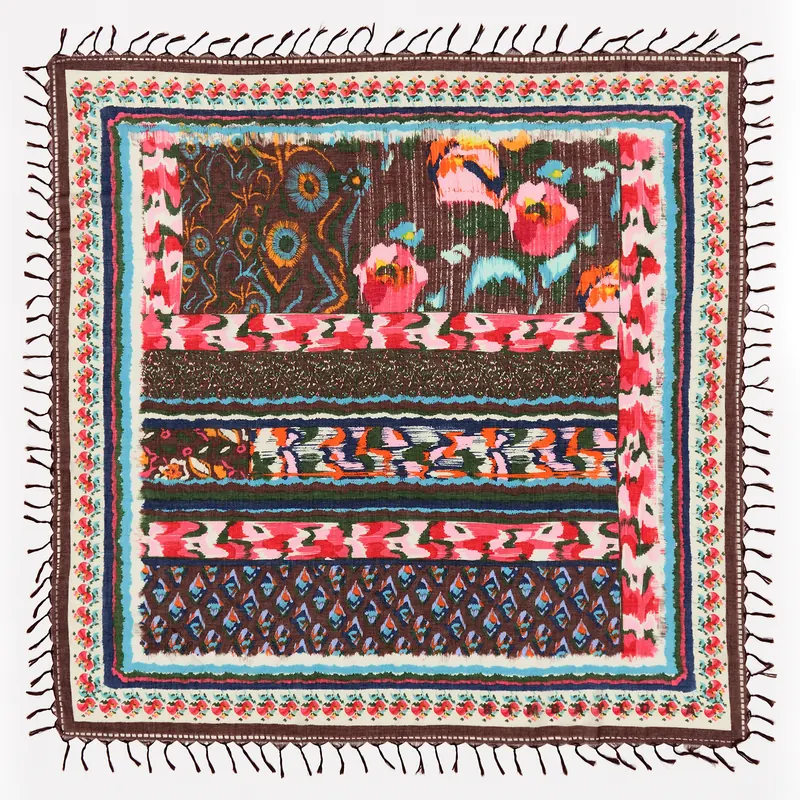 Szal patchwork kwiaty ikat bordowy