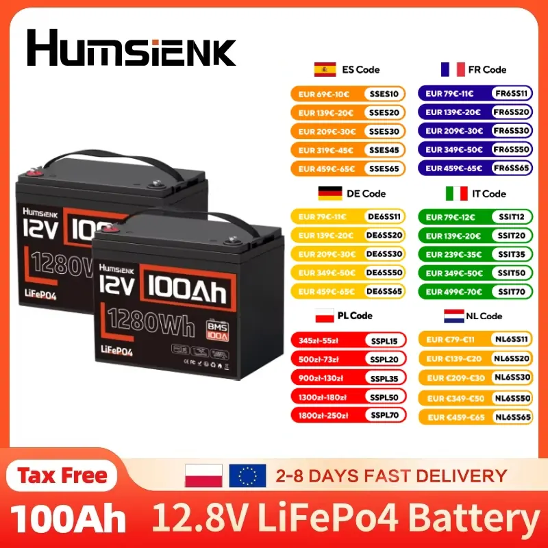 Humsienk 2 sztuki Akumulator litowo-żelazowo-fosforanowy LiFePO4 12V 100Ah z ochroną przed niską temperaturą, wbudowany BMS 100A, 15000 cykli, do vanów, wózków golfowych, łodzi, kamperów, na kemping.