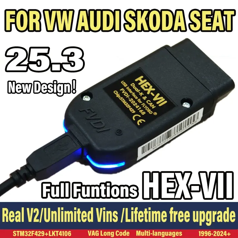 Interfejs VAGCOM VCDS-CAN HEX V2 z aktualizacją V25.3 na rok 2025, bez limitacji, do VW AUDI Skoda Seat, wielojęzyczne narzędzie do diagnostyki samochodowej