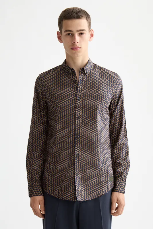 Scotch & Soda Micro Aop Slim-fit Shirt Ditsy Leaf Stripe Peacoat Maat: L | Zakelijke Overhemden Outlet | Heren | Blauw