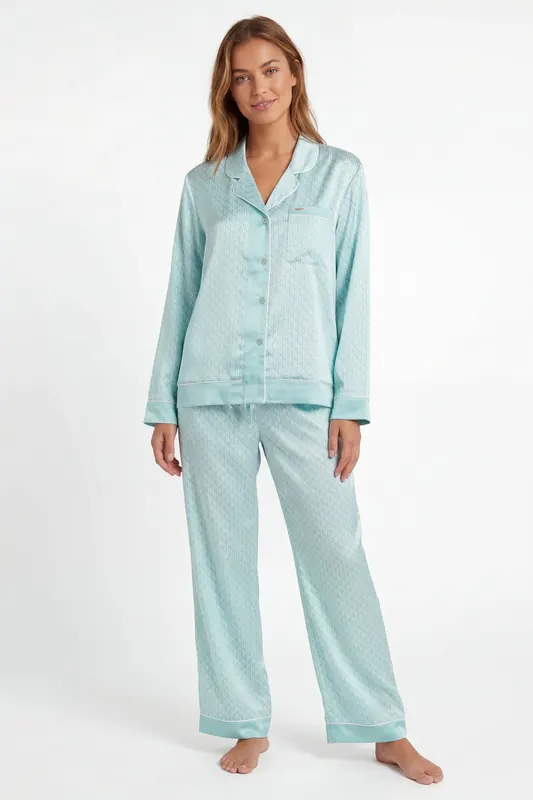 Ted Baker Fern 1pk Monogram Tb Traditional Satin Pj Set Aquifer Print Maat: XS | Longsleeves Outlet | Dames | Blauw
