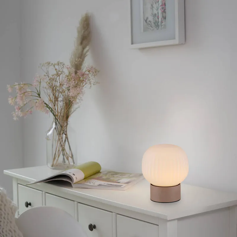 Lampa stołowa LED Nami, biało-piaskowa, szkło, żelazo, wysokość 17 cm
