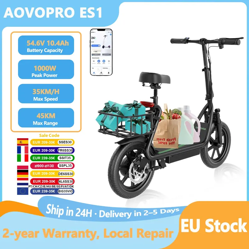 AOVOPRO ES1PLUS Rower Elektryczny 500W z Siedzeniem, Hulajnoga Elektryczna dla Dorosłych, Bateria 54.6V22.5Ah, Zasięg 100KM, Prędkość 35km/h, 14 Cali z Aplikacją