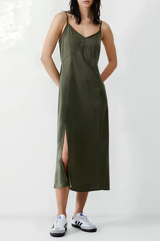 French Connection Satin Slip Dress Long Khaki Maat: 6 | Midi Jurken Outlet | Dames | Groen