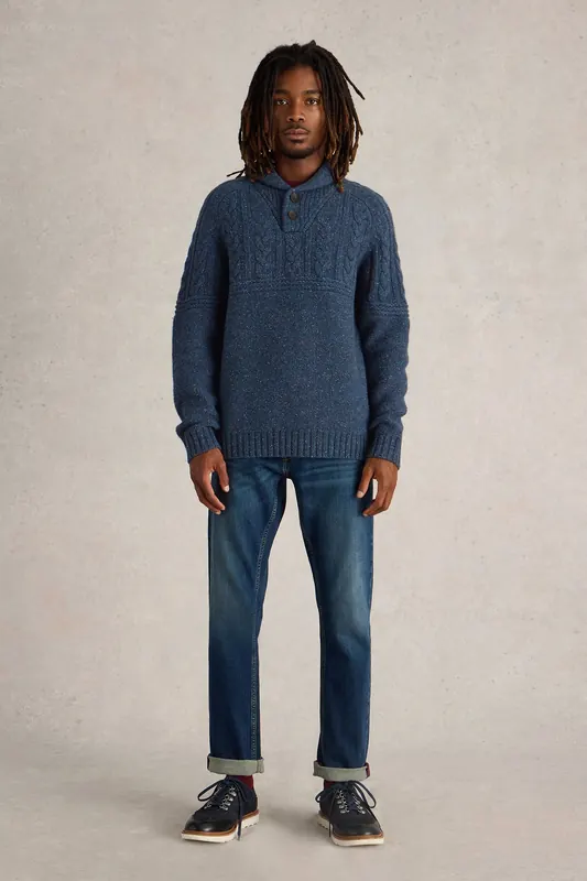 White Stuff Berkley Shawl Neck Jumper Navy Multi Maat: L | Sweaters Outlet | Heren | Blauw