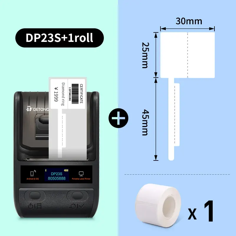 DETONGER DP23S kod kreskowy QR kod ubrania biżuteria metka z ceną drukarki Android iOS Bluetooth połączenie drukarki PC