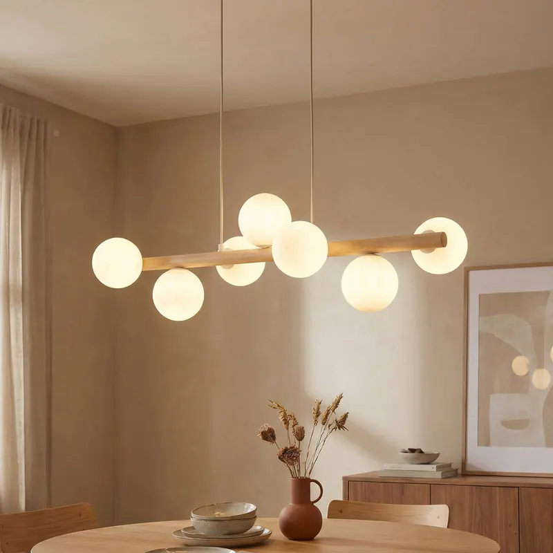 Lampa wisząca Estera, szkło opalowe, drewno, 7-punktowa