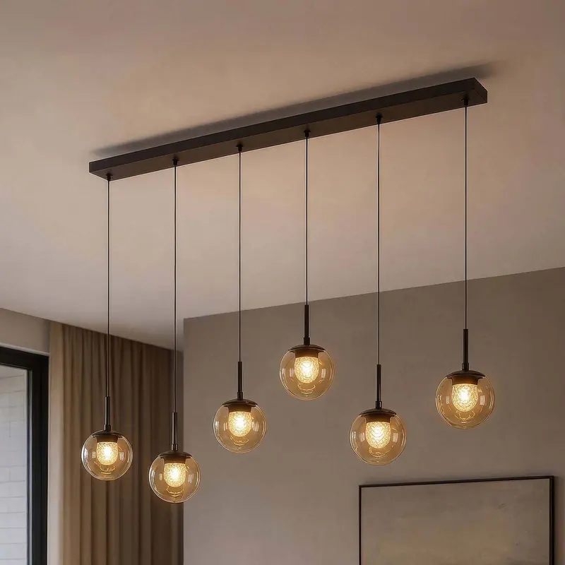 Żyrandol LED Solis, 7-punktowy, długi, brązowy, szkło, 2 700 K