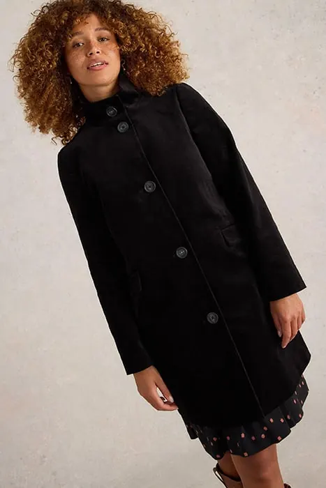 White Stuff Karla Velvet Coat Pure Black Maat: 8 REGULAR | Single-Breasted Mantels Outlet | Dames | Zwart