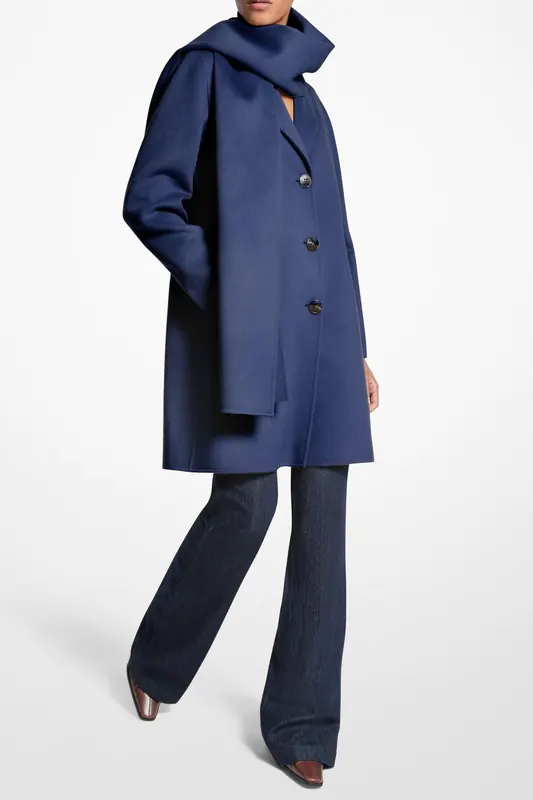 Michael Kors Wool Blend Scarf Coat Midnight Maat: M | Single-Breasted Mantels Outlet | Dames | Blauw