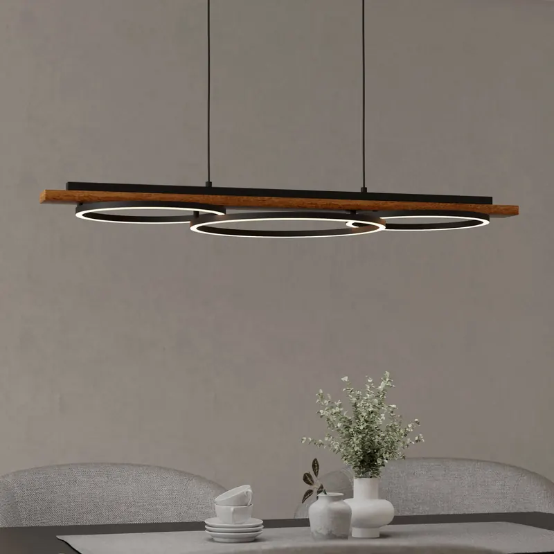 Lampa wisząca LED Boyal, brązowa, długość 101 cm, drewno, 3-punktowa.
