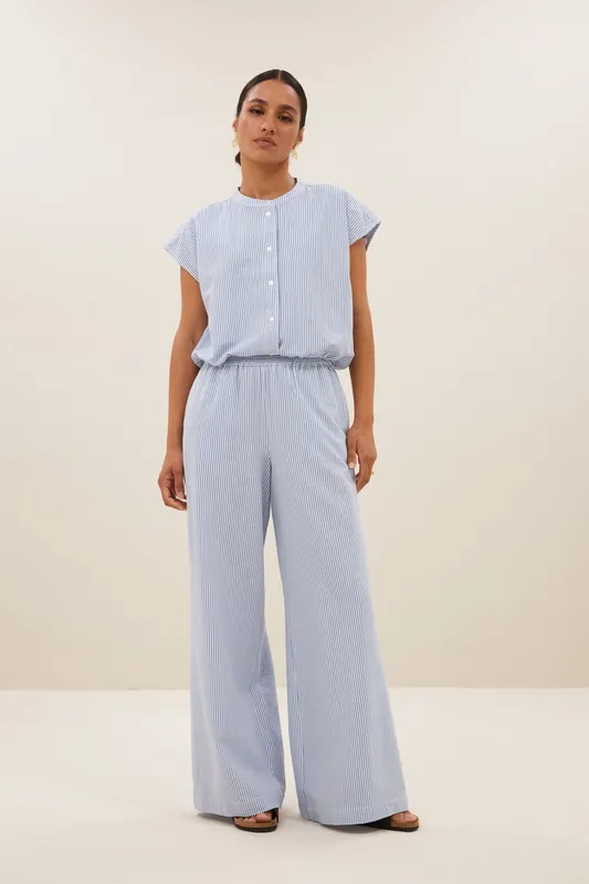 By-Bar Randy Stripe Pants Blue Seer Stripe Maat: L | Wijde Broeken Outlet | Dames | Blauw