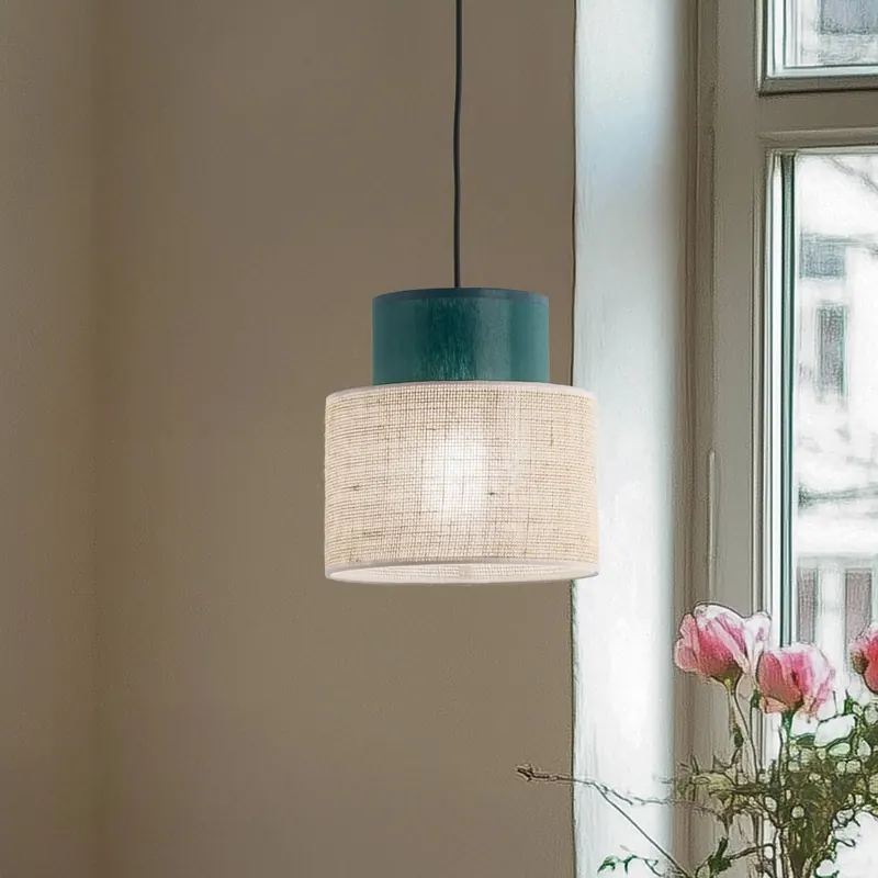 Lampa wisząca Duo, klosz z juty, petrol/naturalny brąz, Ø 20 cm