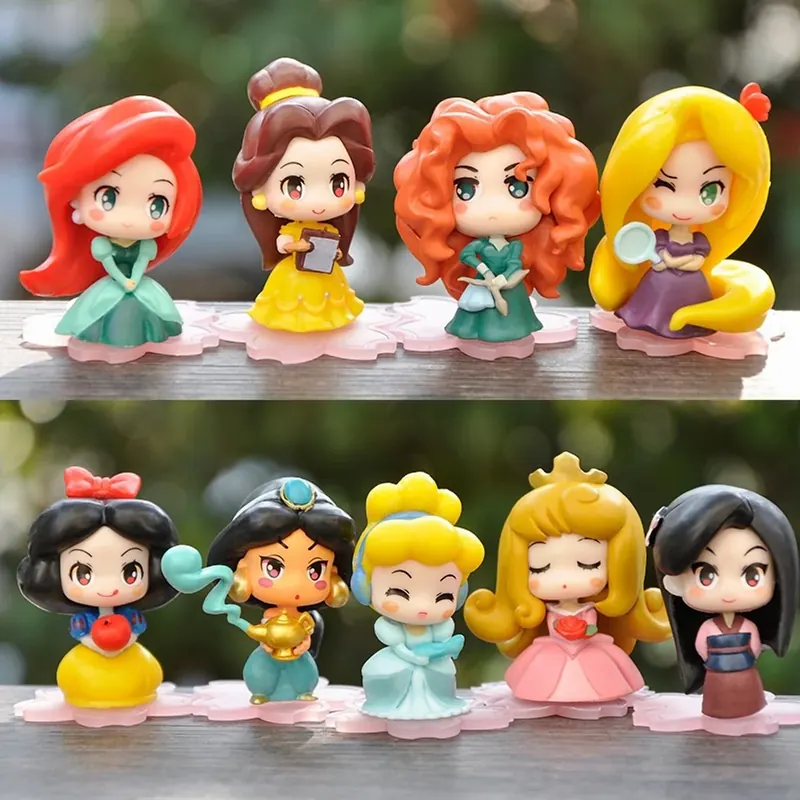 9 szt./zestaw Kawaii Q Princess 6cm Rapunzel Królewna Śnieżka Jasmine Mulan Ariel Figurki PVC Ozdoby na Tort Zabawki Prezent