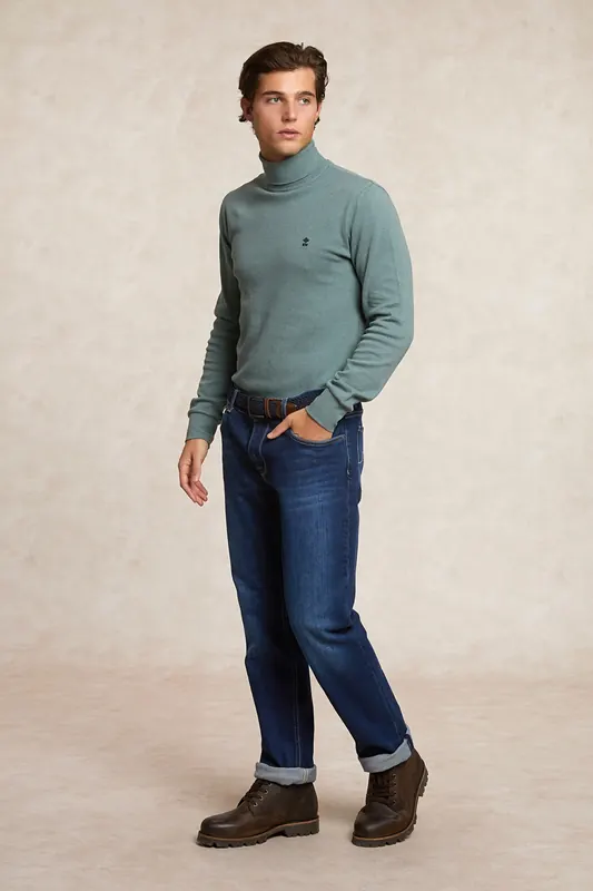 River Woods Basic Cotton Roll Neck T-shirt Long Sleeves Jade Green Mix Maat: XL | Longsleeves Outlet | Heren | Groen