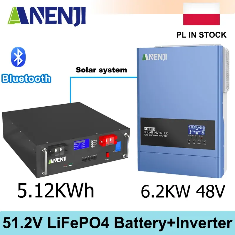 ANENJI 6.2kW 48V Hybrydowy Inwerter Solarny Off-grid i Bateria Rack 51.2V 100AH MPPT 120A PV 500VDC Domowy System Solarny EU dostępne od ręki