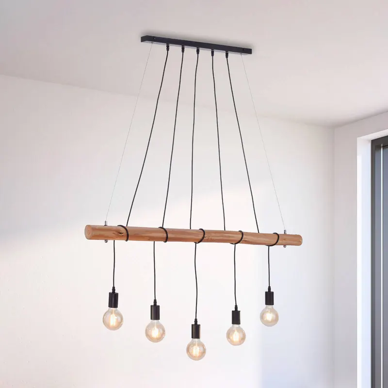 Lampa wisząca Damian z drewnianą belką i 5 oprawami