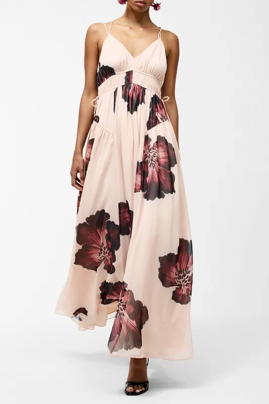 French Connection Elyse Hallie Crinkle Maxi Dres Blush Pink Floral Maat: 8 | Maxi Jurken Outlet | Dames | Roze