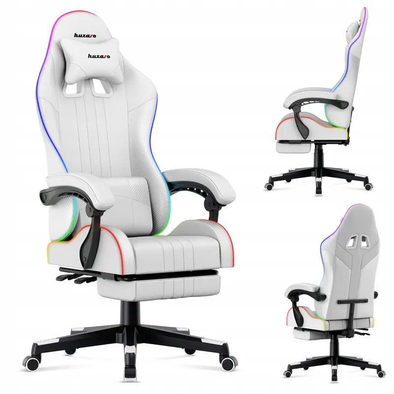 Fotel gamingowy kubełkowy Huzaro biały Rgb Led obrotowy z podnóżkiem
