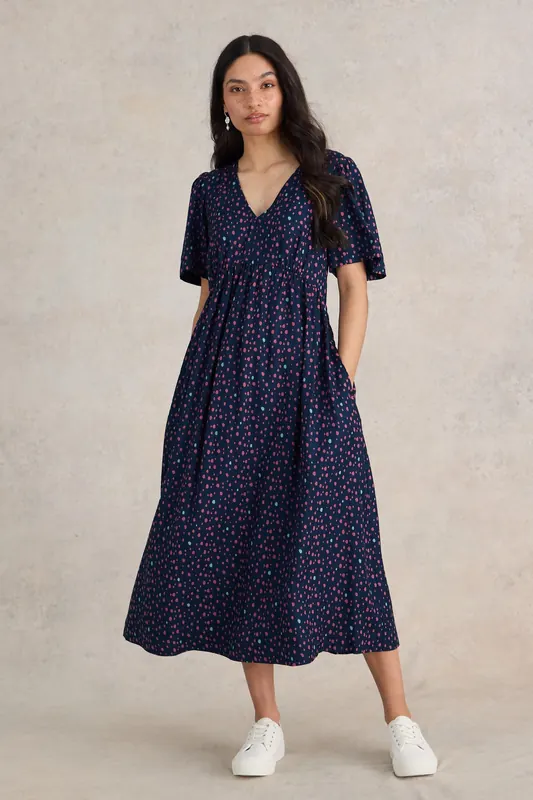 White Stuff Lucy Midi Dress Navy Multi Maat: 16 REGULAR | Midi Jurken Outlet | Dames | Blauw