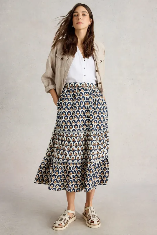 White Stuff Ariel Mix Print Midi Skirt Navy Print Maat: 18 REGULAR | Midi Rokken Outlet | Dames | Blauw