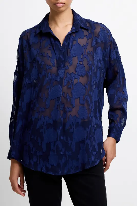 French Connection Burnout Satin Popover Midnight Maat: 10 | Longsleeves Outlet | Dames | Blauw