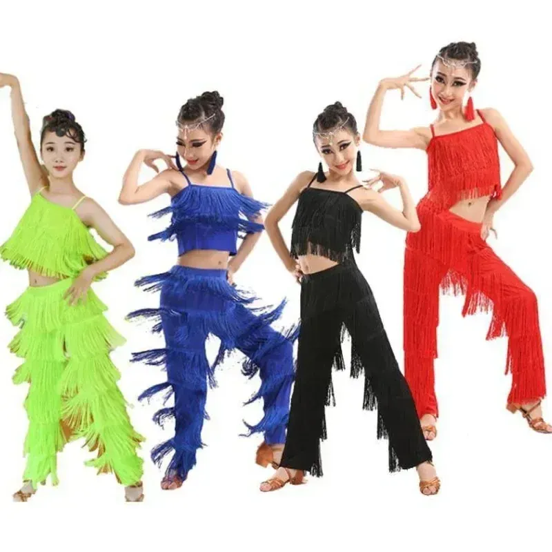 Kostiumy do tańca latynoskiego kostiumy do sali balowej Plus rozmiar frędzle frędzle spodnie dziewczęce Salsa Samba dziecięce stroje sceniczne