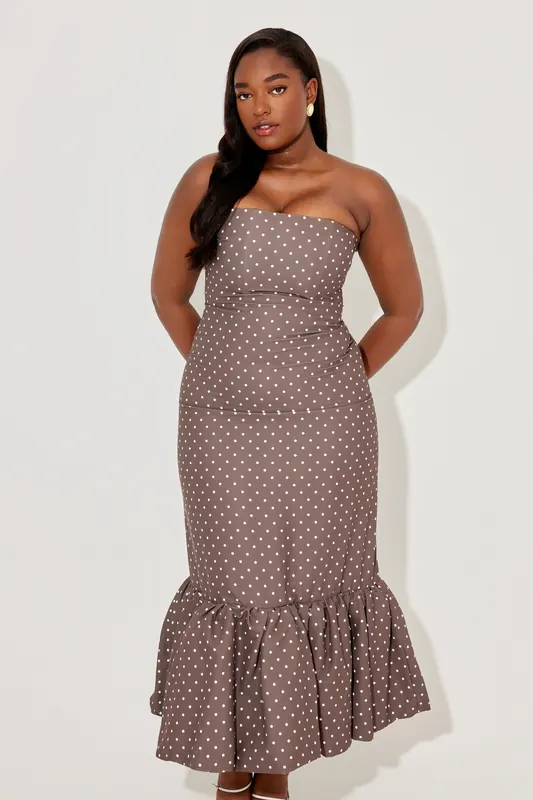 Odd Muse Strapless Peplum Midi Dress Brown & Polka Dot Maat: L | Midi Jurken Outlet | Dames | Bruin