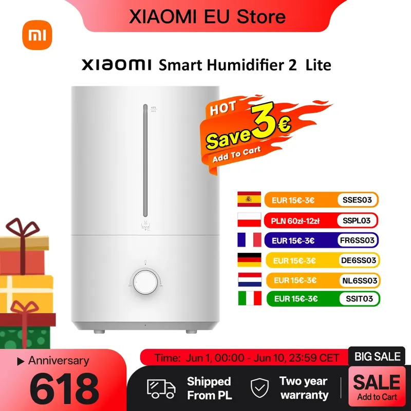 Nawilżacz powietrza XIAOMI Humidifier 2 Lite z funkcją nawilżania 300 ml/h, zbiornik na wodę o 99,9% antybakteryjnej skuteczności, pojemność 4 l