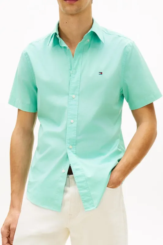 Tommy Hilfiger Flex Poplin Solid S/s Shirt Arctic Aqua Maat: XXL | Casual Overhemden Outlet | Heren | Blauw