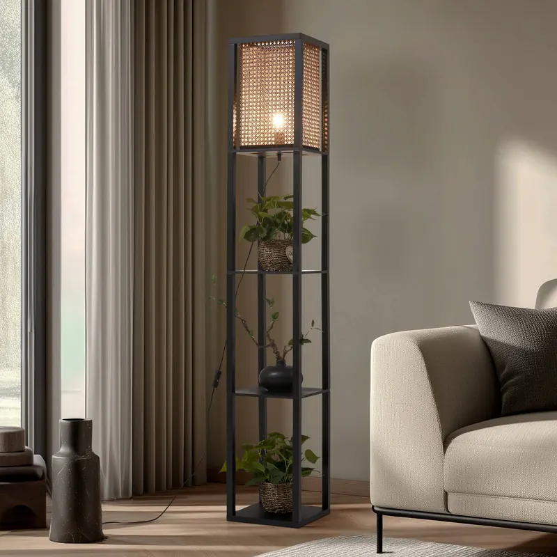 Lindby Lampa stojąca Birta, czarna/naturalna, półka, rattan