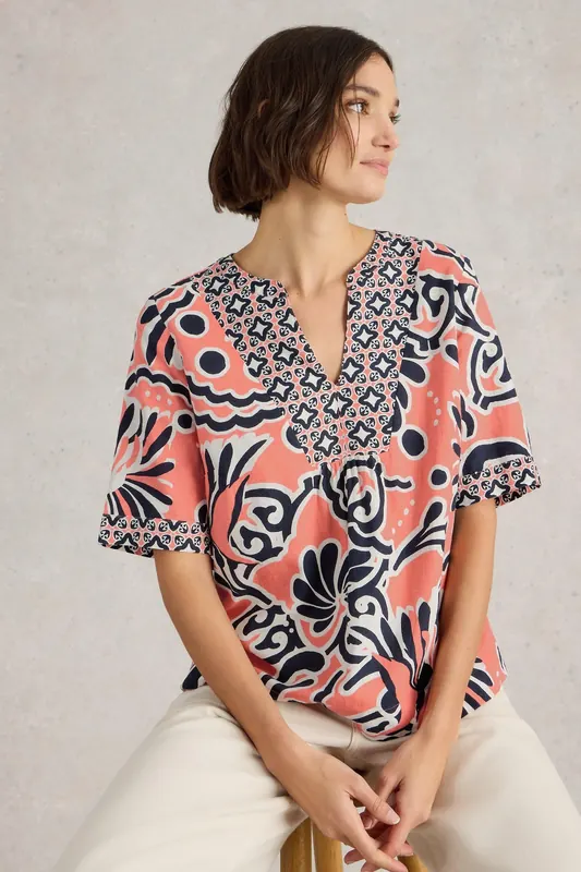 White Stuff Ash Linen Blend Top Coral Print Maat: 12 | Blouses Outlet | Dames | Blauw
