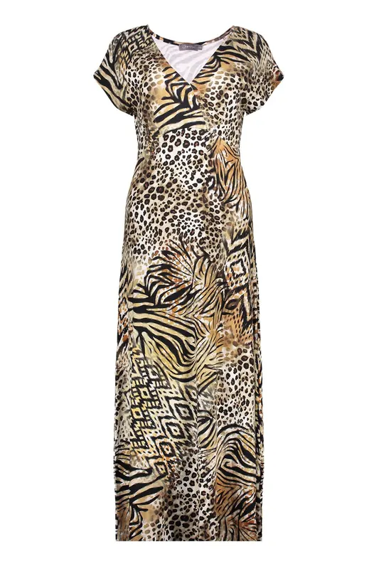 Geisha Dress V-neck Sleeveless Aop Brown/black Maat: XL | Maxi Jurken Outlet | Dames | Zwart