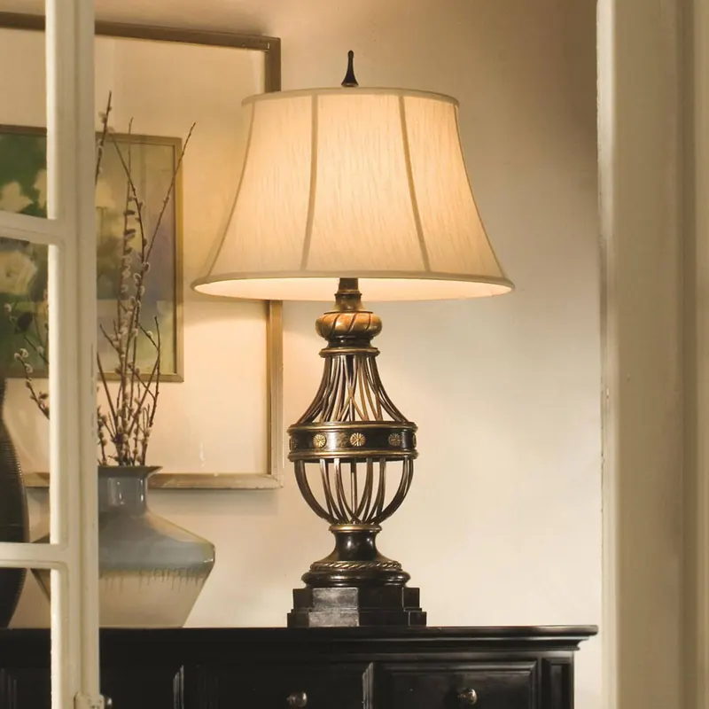 Lampa stołowa Augustine, 90 cm, antyczny brąz/kremowy, tekstylna, E27