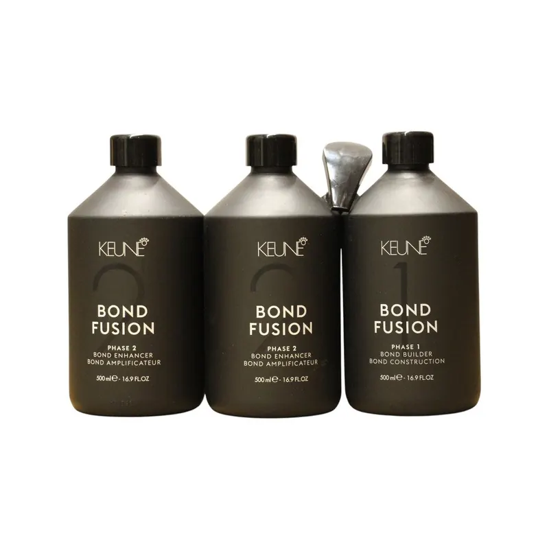 Ustawić Keune:Faza 1 fuzji obligacji Maschera do pielęgnacji włosów 500 ml + Bond Fusion Phase 2 Maschera Wzmacniacz wiązania 500 ml + plastikowa miar