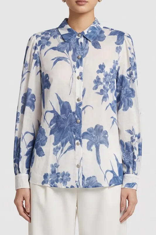 GUESS  Eco Ls Clara Button Up T Dreaming Lilies Prin Maat: XL | Longsleeves Outlet | Dames | Blauw