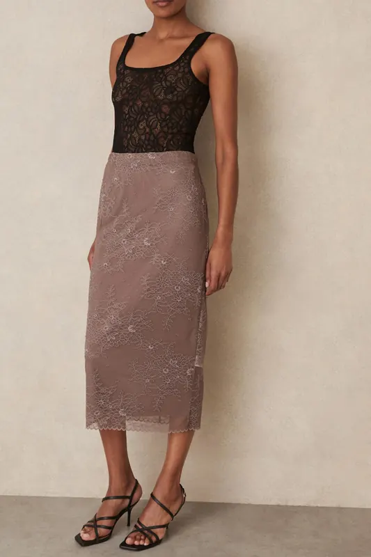 Reiss Lace Skirt Taupe Brown Maat: 8 | Midi Rokken Outlet | Dames | Bruin