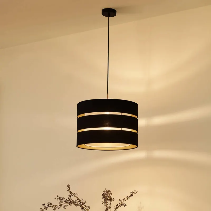 Lampa wisząca Lindby Tsomo, Ø 40 cm, czarna, tkanina, E27