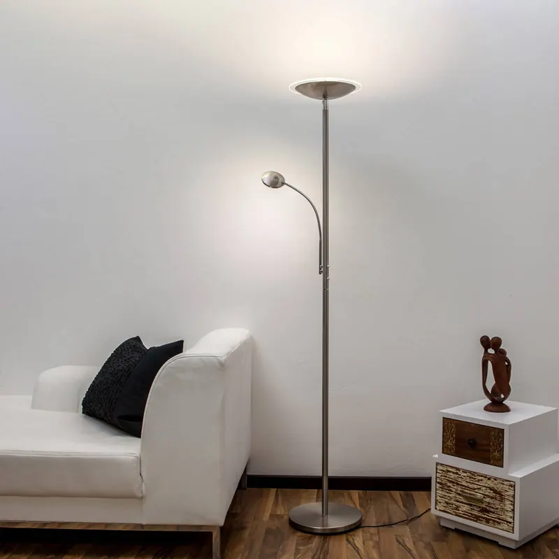 Lindby lampa stojąca LED Malea, nikiel, lampka do czytania, ściemniany
