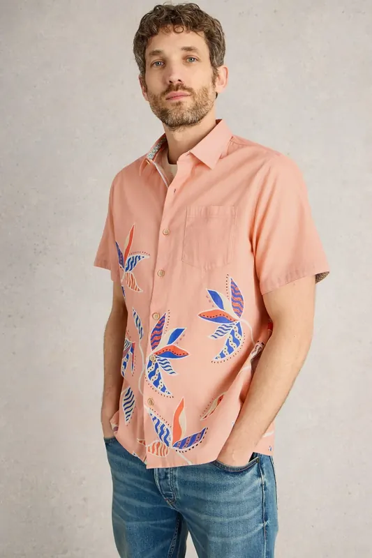 White Stuff Finsbury Leaves Printed Shirt Pink Print Maat: L | Casual Overhemden Outlet | Heren | Roze
