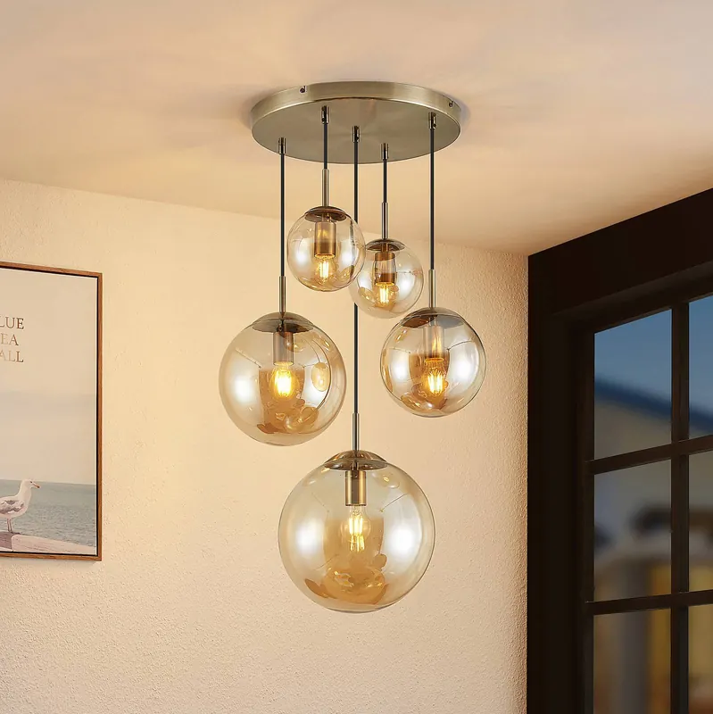 Lampa wisząca Lindby Teeja, bursztynowa, 5-punktowa, Ø50 cm, szkło, E27
