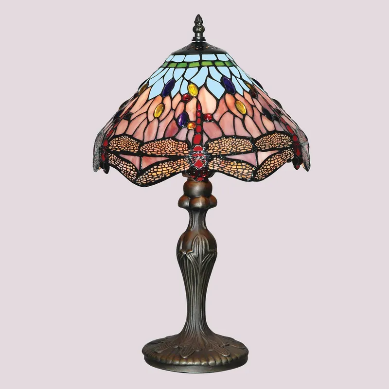 Lampa stołowa DRAGONFLY, antyczny mosiądz/kolor, wysokość 46 cm, Tiffany