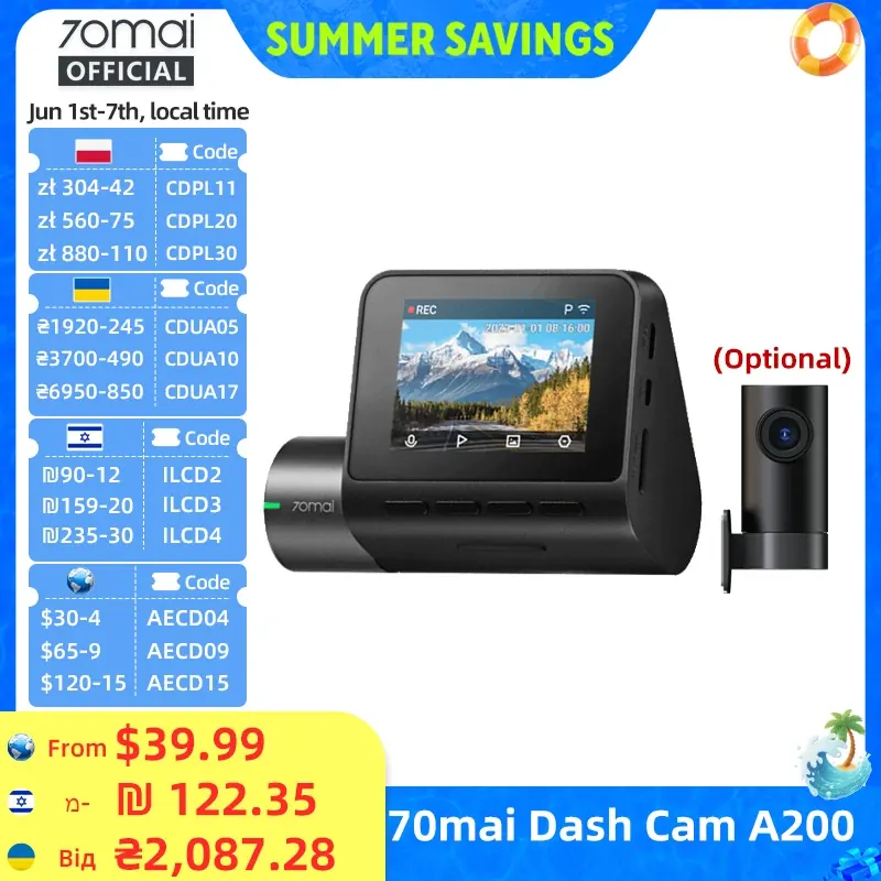 Globalna kamera samochodowa 70mai Dash Cam A200 z dwukanałowym nagrywaniem 1080P HDR, 2-calowym ekranem IPS, 24-godzinnym monitoringiem parkowania, rejestrator jazdy 70mai A200 WIFI APP 130 °