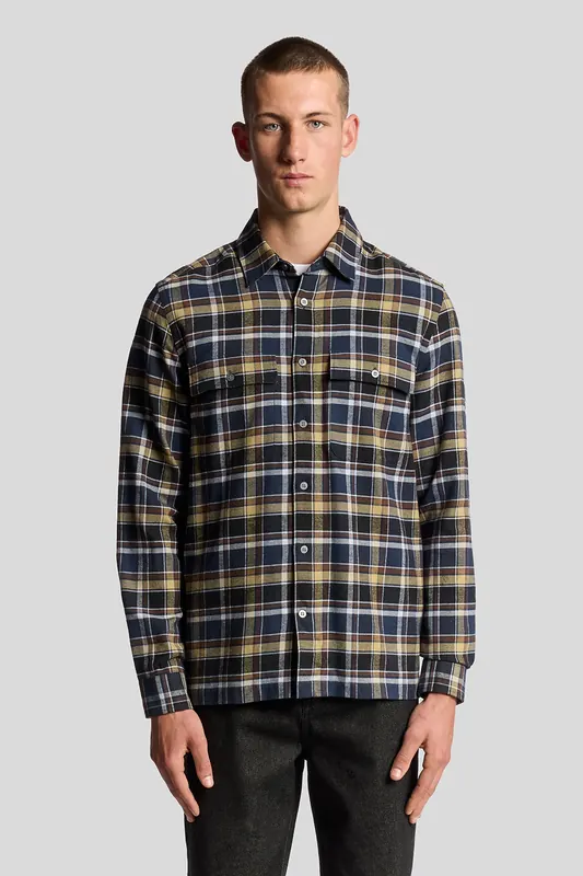 Lyle & Scott Brushed Cotton Check Shirt Blue Night/green Tan Maat: L | Casual Overhemden Outlet | Heren | Blauw