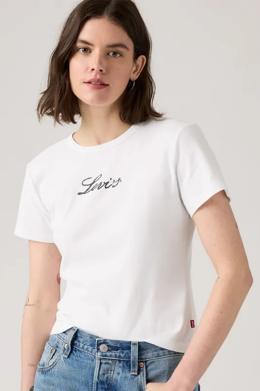 Levi's Graphic Rickie Tee Glitter Script Bright Maat: L | Tops Outlet | Dames | Wit