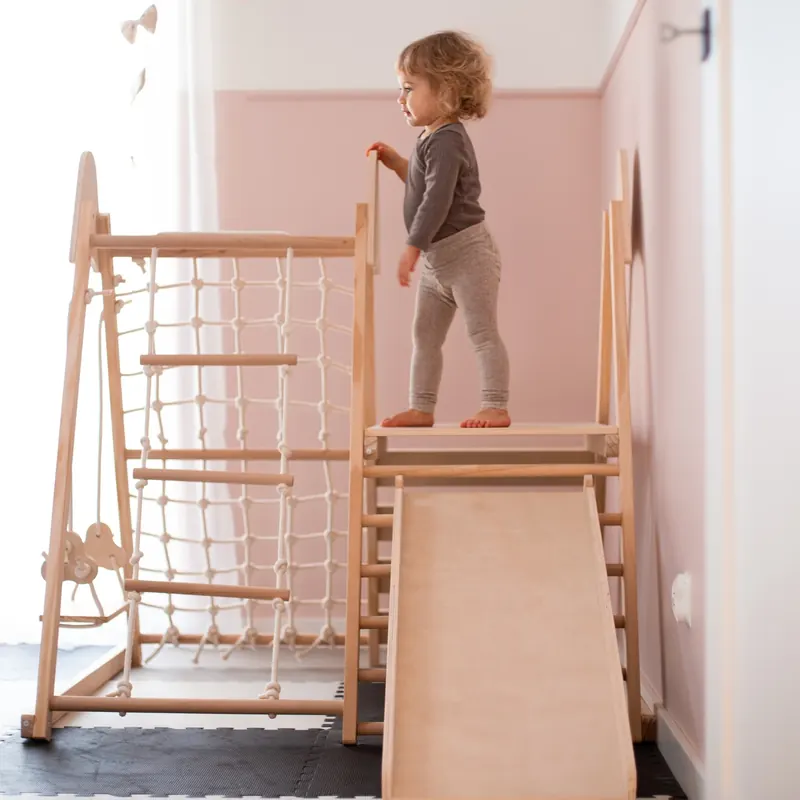 Mamabrum Duży Drewniany Plac Zabaw 5w1 XXL Zestaw Wspinaczkowy ze Zjeżdżalnią Huśtawką dla Dzieci Montessori Motoryka 3+