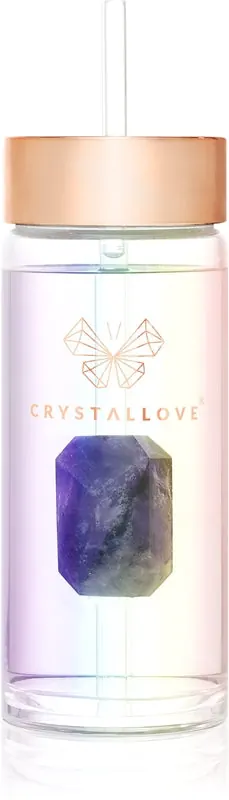 Crystallove Clear Quartz Straw Water Bottle szklana butelka na wodę ze słomką Hologram - Amethyst 400 ml