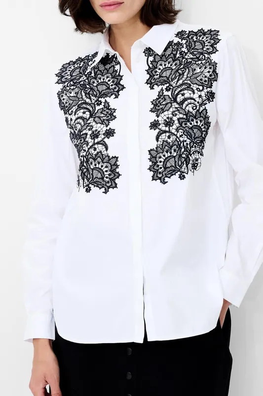 French Connection Cambria Contrast Floral Linen White/black Maat: M | Longsleeves Outlet | Dames | Wit