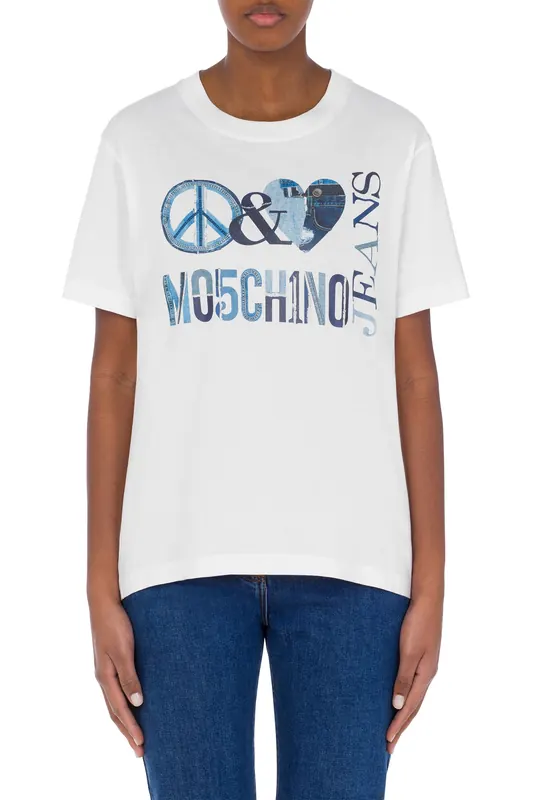 Moschino T-shirt In Jersey Denim Peace & Love White Maat: S | Tops Outlet | Dames | Wit